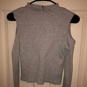Gray Zip-Up Open-Shoulder Cropped Turtleneck